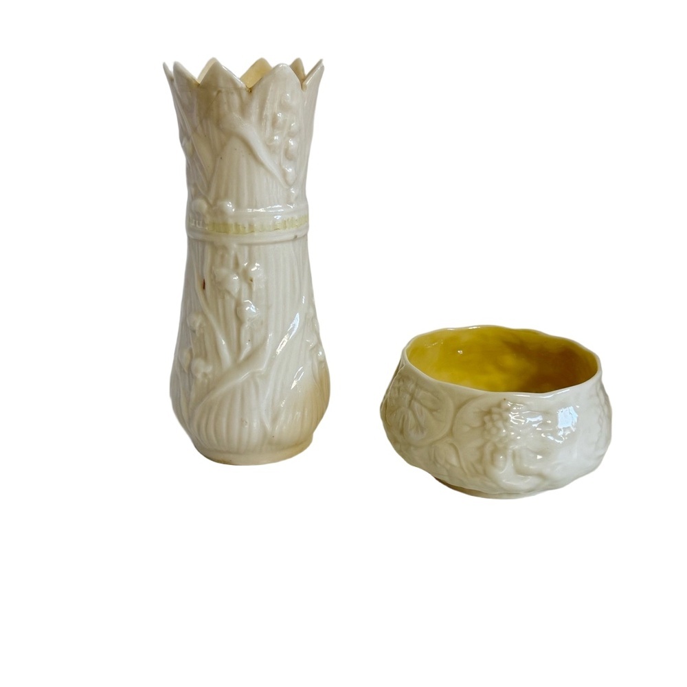 Belleek Vintage Irish Embossed Ceramic Cream Vase & Bowl Set